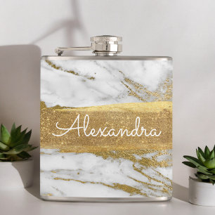 Petaca Oro blanco y mármol con Relieve metalizado dorado