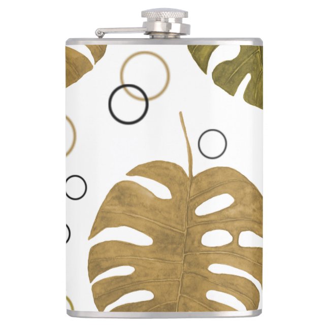 Petaca Oro tropical: acuarela de hoja de monstera (Anverso)