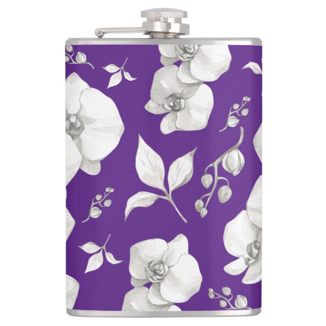 Petaca Orquídea blanca acuarela sobre morado | (Anverso)