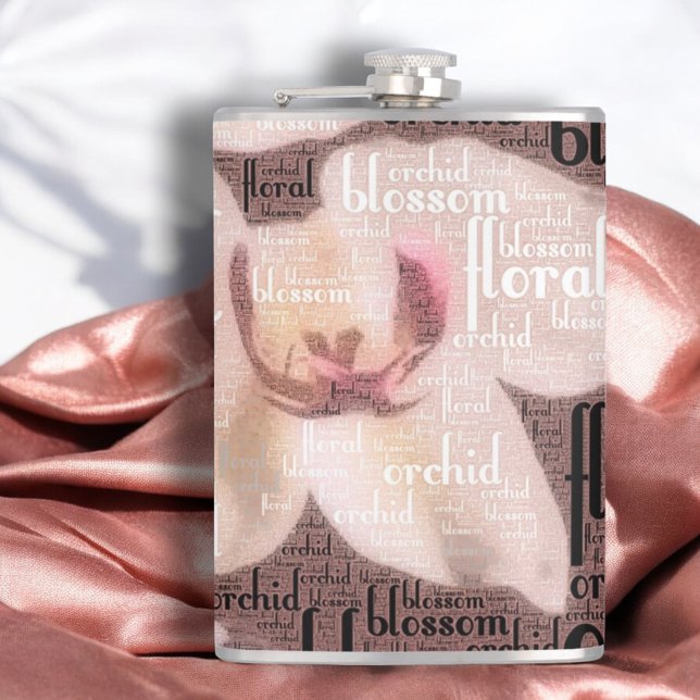Petaca Orquídea Rosa Dorado Floral Floración Collage (8 oz flask front word cloud orchid design)