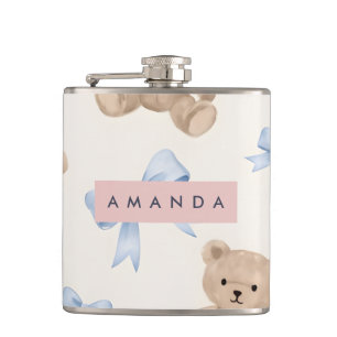 Petaca Oso de peluche personalizado y patrón de lazo azul