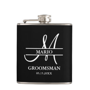 Petaca Padrino de boda personalizado con monograma negro
