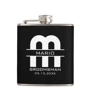 Petaca Padrino de boda personalizado con monograma negro 