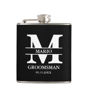 Petaca Padrino de boda personalizado con monograma negro