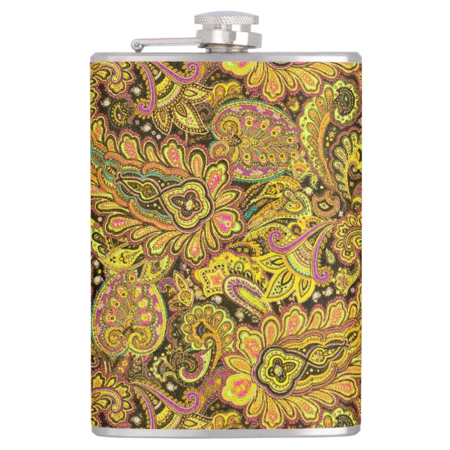 Petaca Paisley Motif in Yellow, Brown on Black Background (Anverso)