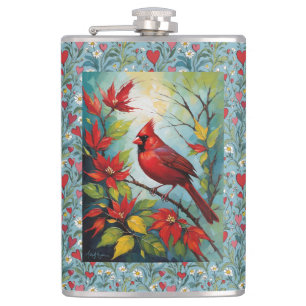 Petaca Pájaro Cardinal Rojo Con Margaritas Y Corazones Ro