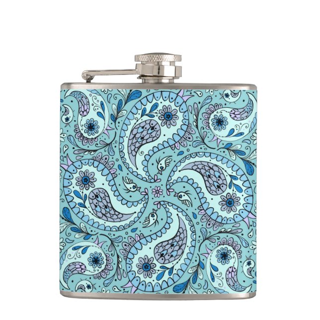 Petaca Pájaros de paisley en azul bebé (Anverso)