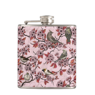 Petaca Pájaros y flor de cerezo sobre rosa pink