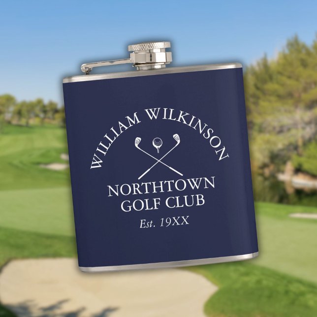 Petaca Palos de Golf y Nombre del Miembro Azul Marino (Golf Club And Member Name Navy Blue Flask)