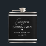 Petaca Partido de Boda Personalizada Personalizado Grooms<br><div class="desc">La máscara de la fiesta de la boda del Personalizado Groomsman incluye el nombre del novio con los nombres de la pareja nupcial y la fecha del boda acentuada con un pequeño corazón de amor. Personalizado hecho para el groomsman. Diseñado por ©2024 Evco Studio www.zazzle.com/store/evcostudio</div>