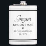 Petaca Partido de Boda Personalizada Personalizado Grooms<br><div class="desc">La máscara de la fiesta de la boda del Personalizado Groomsman incluye el nombre del novio con los nombres de la pareja nupcial y la fecha del boda acentuada con un pequeño corazón de amor. Personalizado hecho para el groomsman. Diseñado por ©2024 Evco Studio www.zazzle.com/store/evcostudio</div>