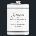 Petaca Partido de Boda Personalizada Personalizado Grooms<br><div class="desc">La máscara de la fiesta de la boda del Personalizado Groomsman incluye el nombre del novio con los nombres de la pareja nupcial y la fecha del boda acentuada con un pequeño corazón de amor. Personalizado hecho para el groomsman. Diseñado por ©2024 Evco Studio www.zazzle.com/store/evcostudio</div>