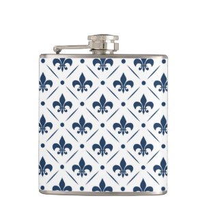 Petaca Patrón azul oscuro Fleur De Lis sobre fondo blanco