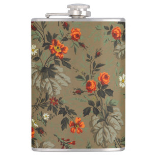 Petaca Patrón Botánico de Rosa Naranja Floral Oscura Vint