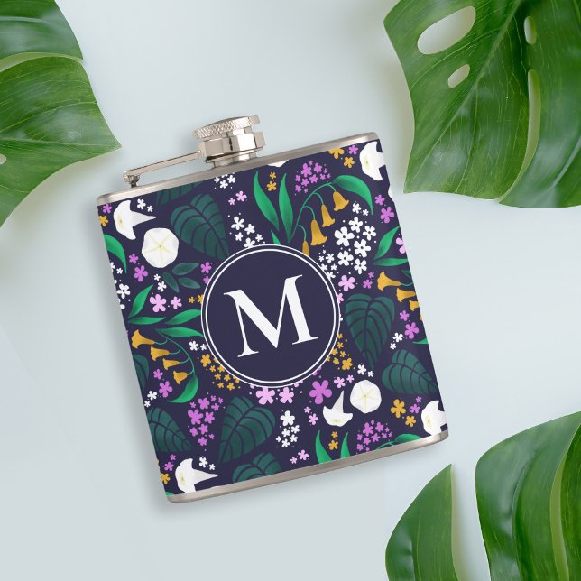 Petaca Patrón Botánico Floral de la Luna de la Noche (Moon Garden Monogram Flask)