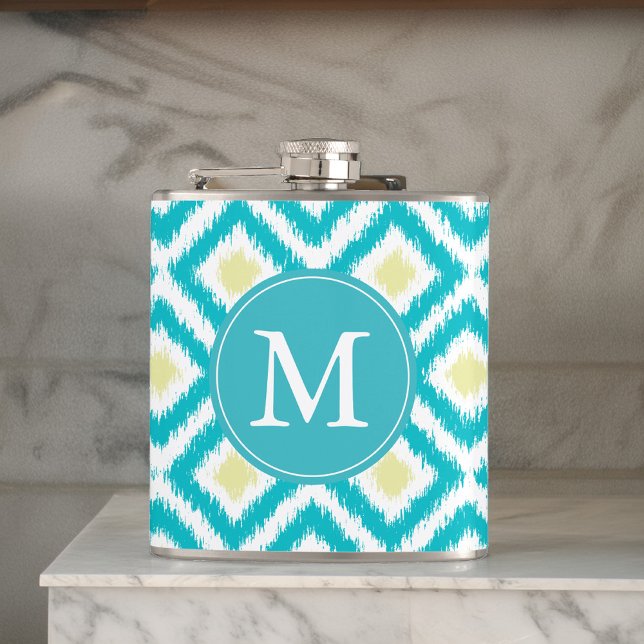 Petaca Patrón de Aqua monogramado y Ikat amarillo (Subido por el creador)