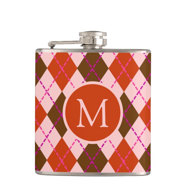 Petaca Patrón de Argyle Rojo Rosa y Marrón con Monograma (Anverso)