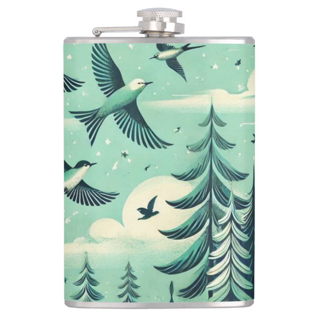 Petaca Patrón de aves y bosques verdes verde azulados (Anverso)