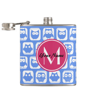 Petaca Patrón de búho azul Personalizado rosado Monograma