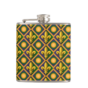 Petaca Patrón de césped mardi con fleur-de-lis dorado