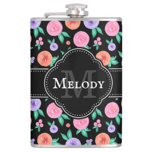 Petaca Patrón de color de agua rosa/púrpura en negro