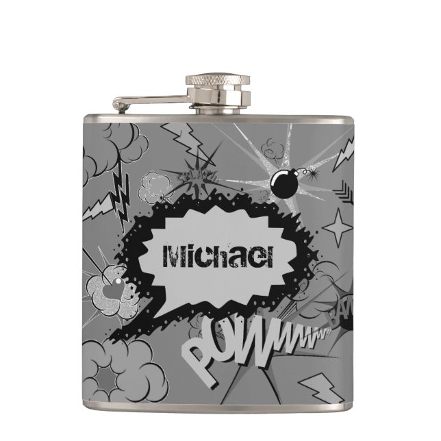 Petaca Patrón de cómic personalizado gris retro personali (Anverso)