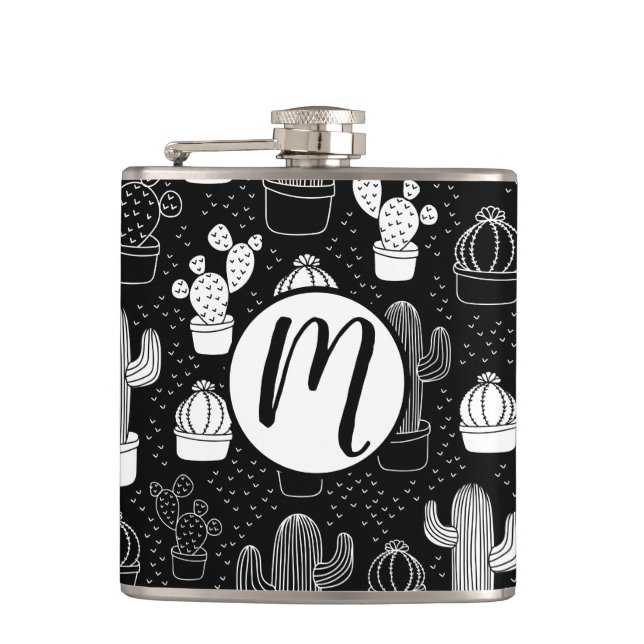 Petaca Patrón de doodle de cactus en blanco y negro (Anverso)
