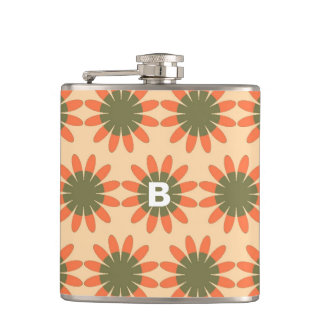 Petaca Patrón de Flor Retro de Monograma en Naranja y Ver