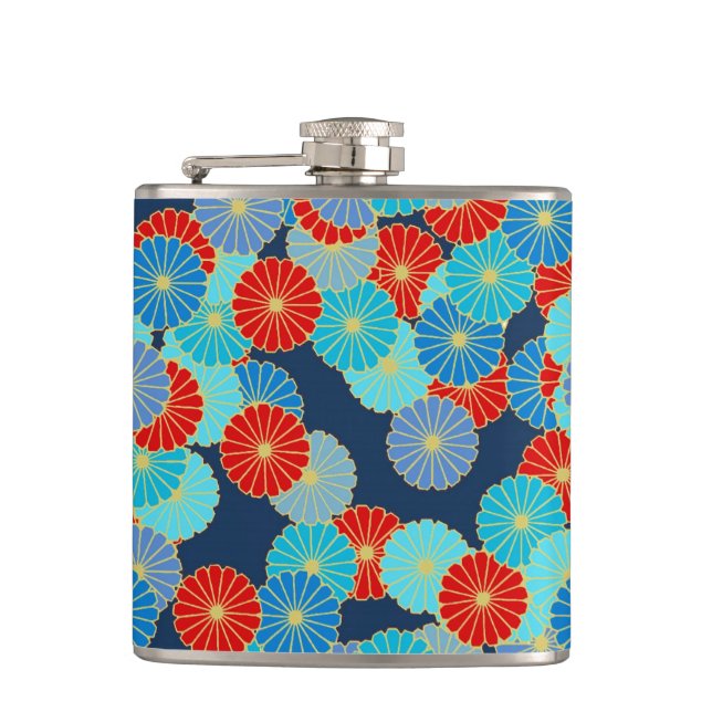 Petaca Patrón de flores Art Decó - azul, turquesa y rojo (Anverso)