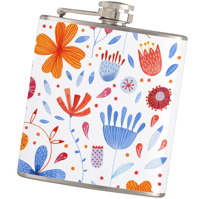 Petaca Patrón de flores silvestres de acuarela floral (Blue white and orange wildflower floral watercolor pattern hip flask)