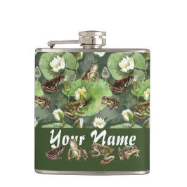 Petaca Patrón de lirios de agua verde y blanca de ranas