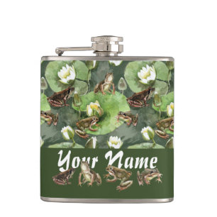 Petaca Patrón de lirios de agua verde y blanca de ranas