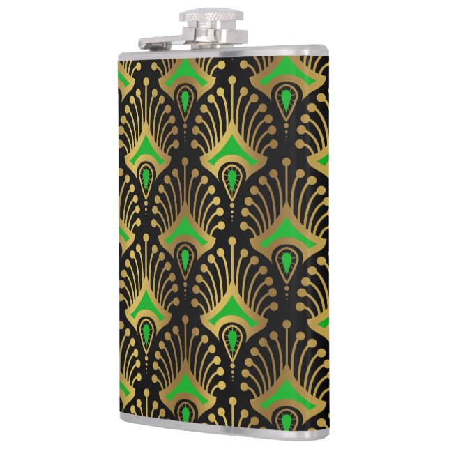 Petaca Patrón de oro y verde Art Deco sobre negro (Izquierda)