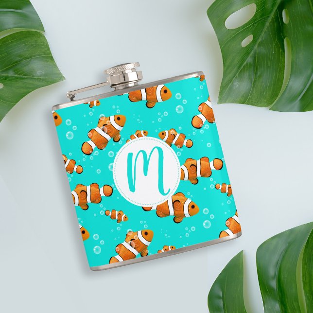 Petaca Patrón de pez globo tropical y burbujas (Tropical Clownfish Pattern & Monogram Flask)