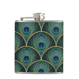 Petaca Patrón de pluma de pavo real Art Deco en turquesa 