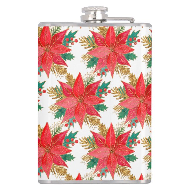 Petaca Patrón de puninsettia de Navidades rojos y dorados (Reverso)