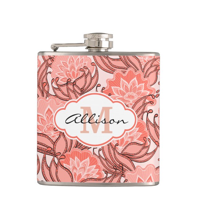 Petaca Patrón floral coral vibrante personalizado (Anverso)