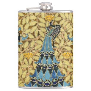 Petaca Patrón Floral de Pavo Real Azul Art Nouveau Vintag