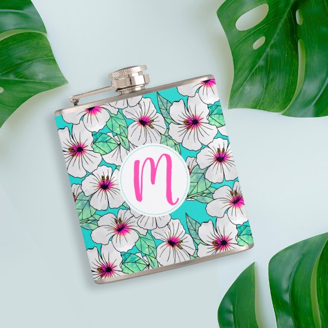 Petaca Patrón floral trópico rosa y blanco Hibiscus (Tropical Hibiscus Monogram Flask)
