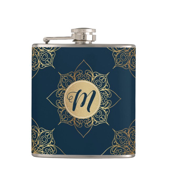 Petaca Patrón y monograma de damasco de Mandala dorada (Anverso)