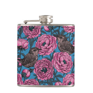 Petaca Peonies y wrens en azul