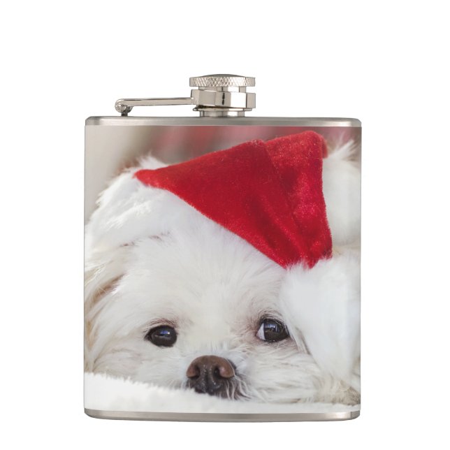 Petaca Perro blanco lindo en un sombrero rojo de Navidad (Anverso)