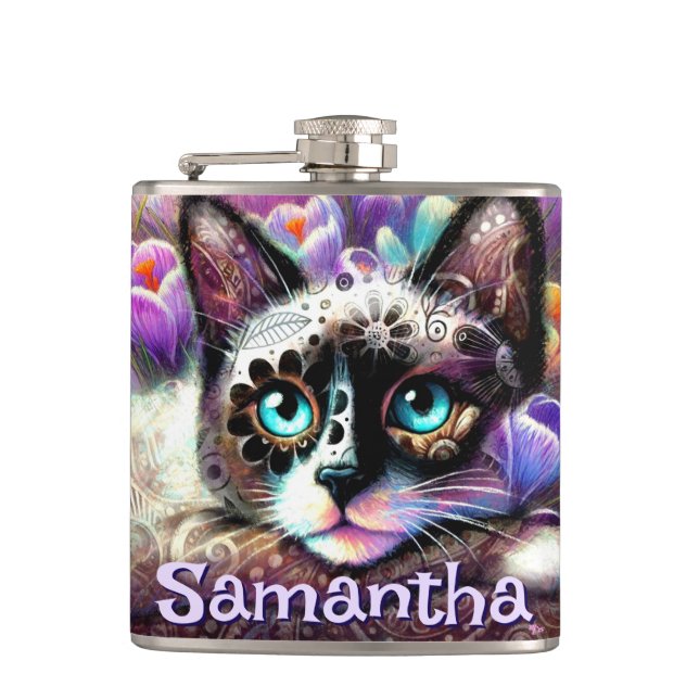 Petaca Personalizado crocus floral de gato blanco gitano  (Anverso)