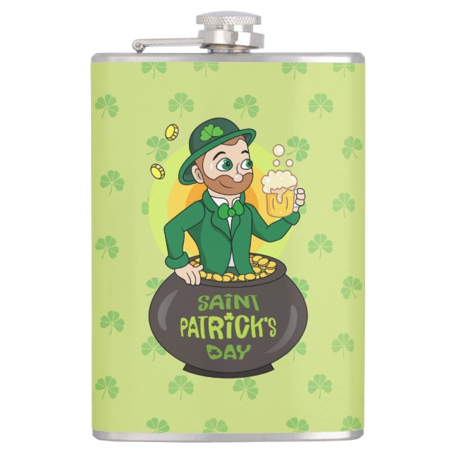 Petaca Personalizado leprechaun en una olla de oro sosten (Anverso)