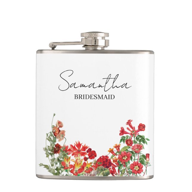 Petaca Personalized Bridesmaid Red Floral Wedding (Anverso)