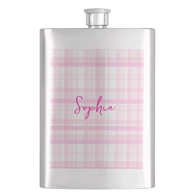 Petaca Personalized Pink Plaid Classic Flask with Name  (Anverso)