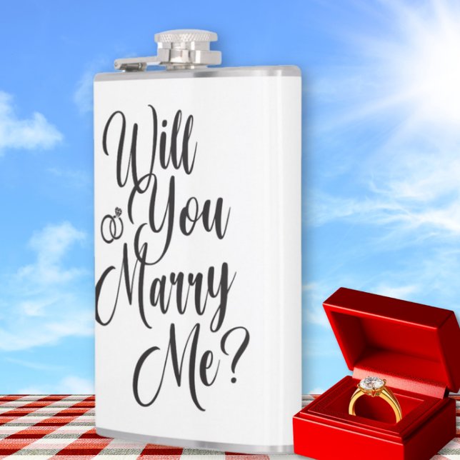 Petaca Personalized “Will You Marry Me?” Proposal  (Will You Marry Me? Elegant White Flask - Picnic or Concert Proposal Idea)