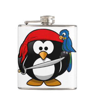Petaca Pingüino del pirata con un pañuelo rojo y un loro