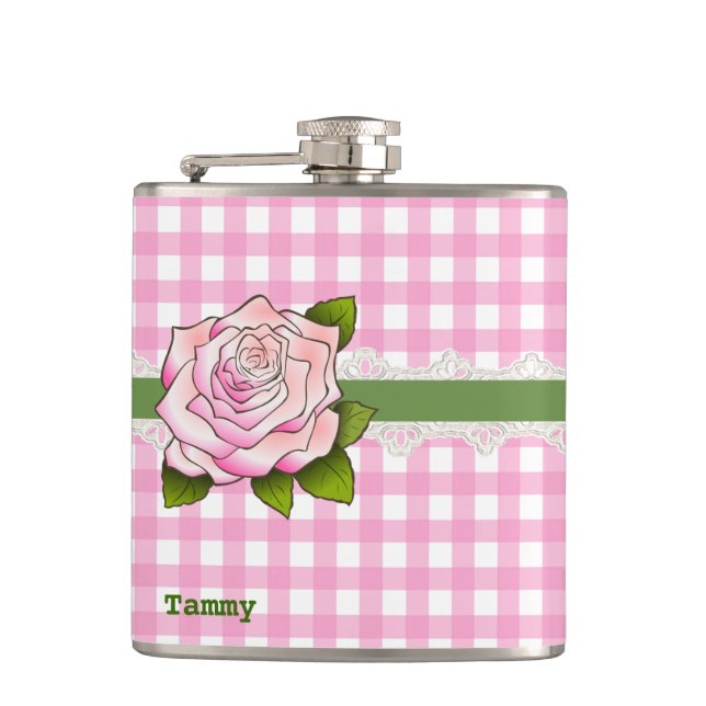 Petaca Pink Gingham y Flask Personalizado Rosa (Anverso)