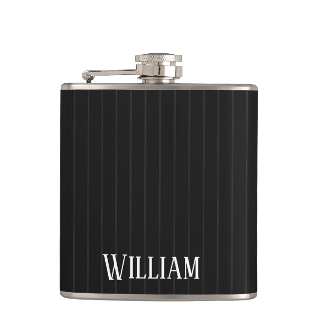 Petaca Pinstripes negras personalizadas (Anverso)